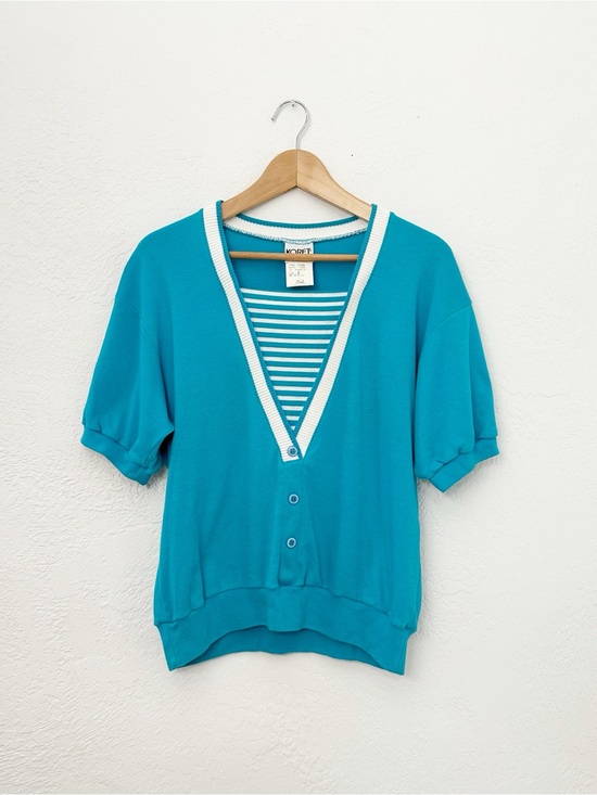 Vintage Tops - Vintage 80s 90s Koret Francisca Teal & White Jersey Short Sleeve Sweatshirt Top